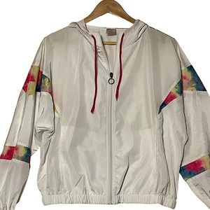 NOBO sz 11-13 Juniors Large Windbreaker Full Zip Hood Ties Pockets White Pink +